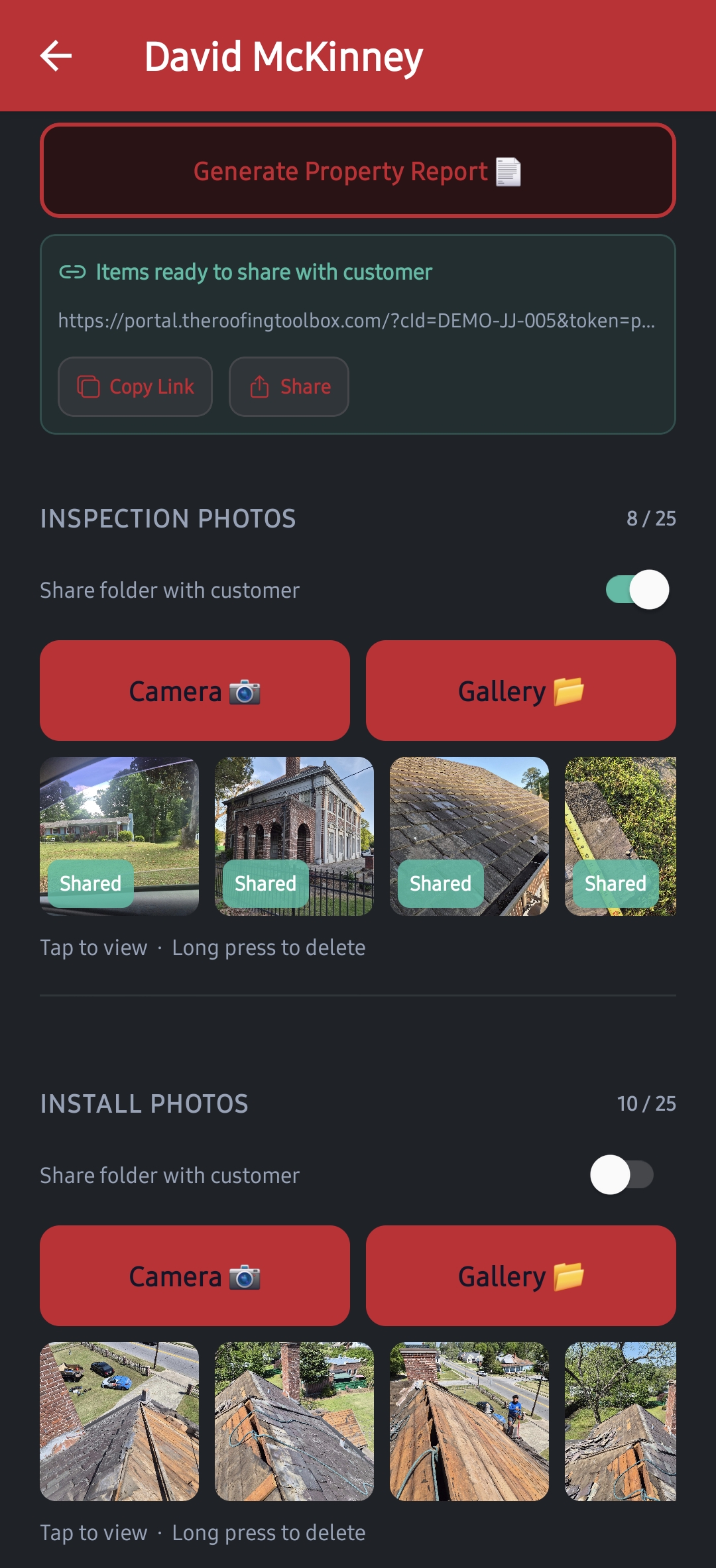 LevelCRM mobile app showing the same customer photo-sharing view on the go