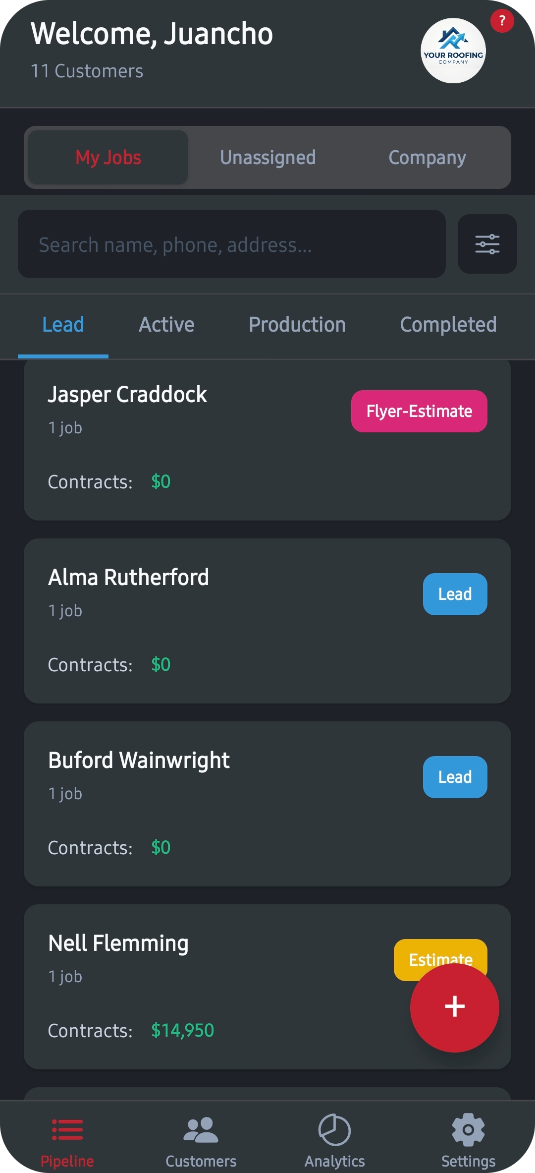 LevelCRM mobile app showing the job pipeline with leads and contract values