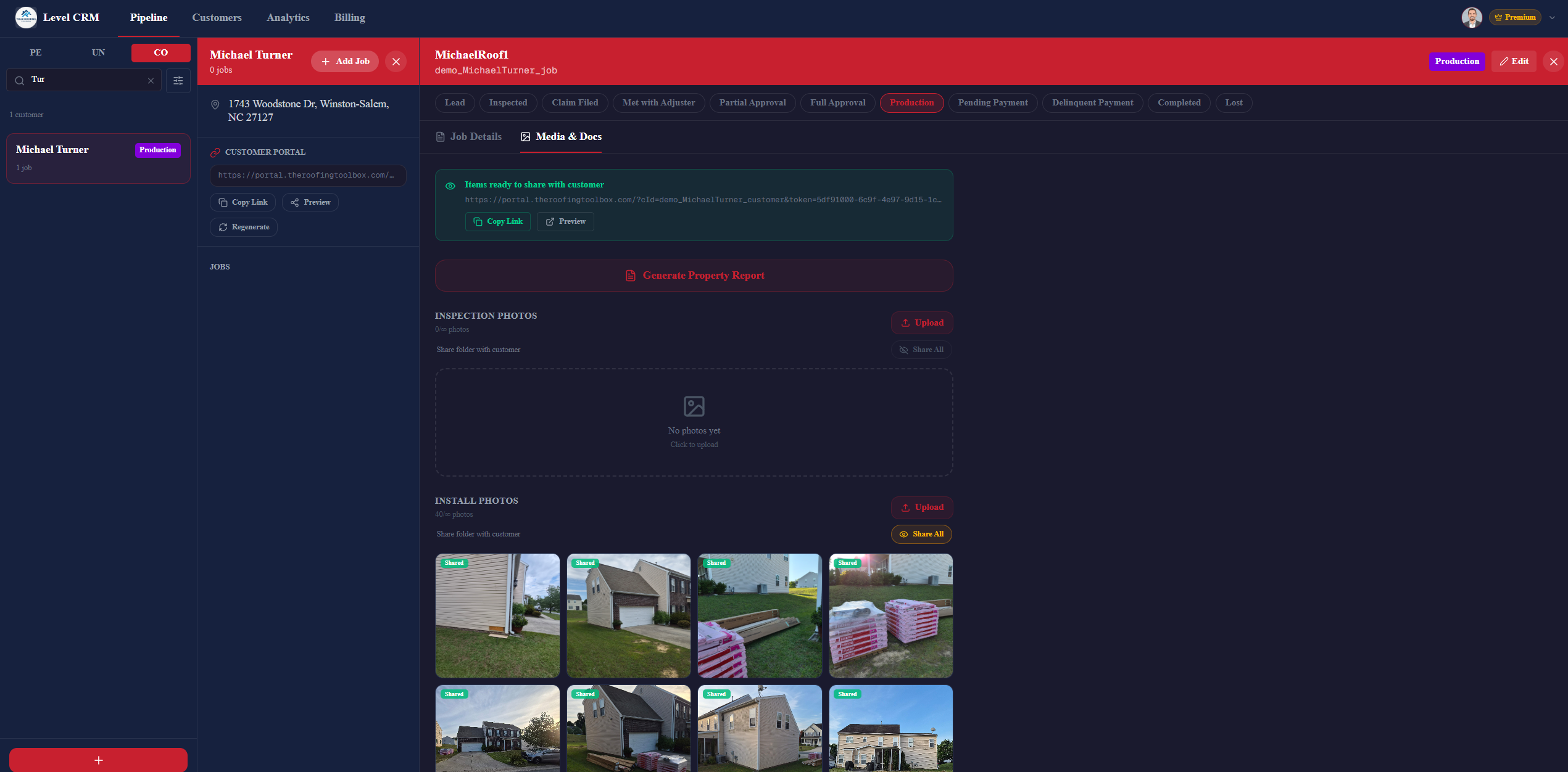 LevelCRM_Web desktop showing a customer's job pipeline, shared photos, and portal link