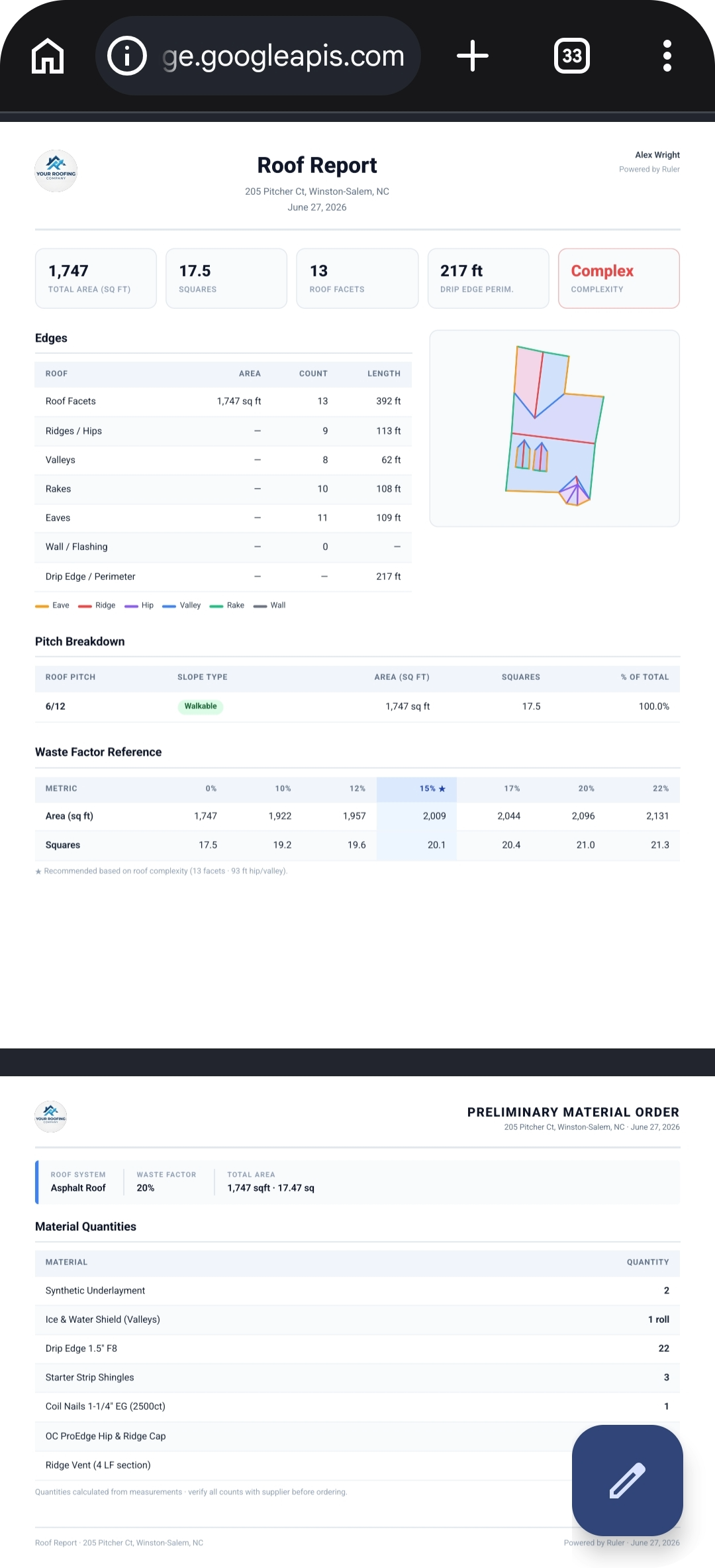 Roof measurement report PDF with area, pitch, and material breakdown