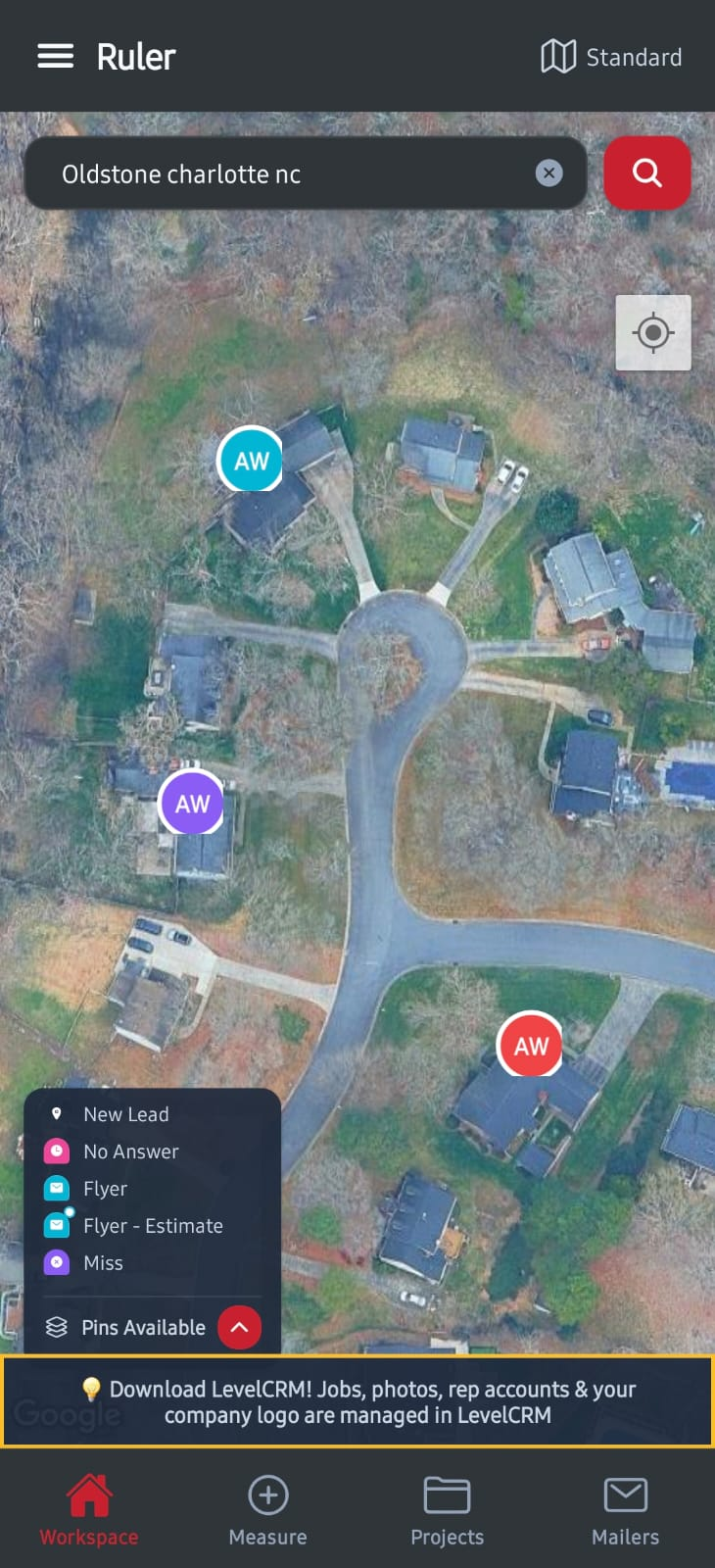 Ruler app satellite canvassing map with color-coded lead pins
