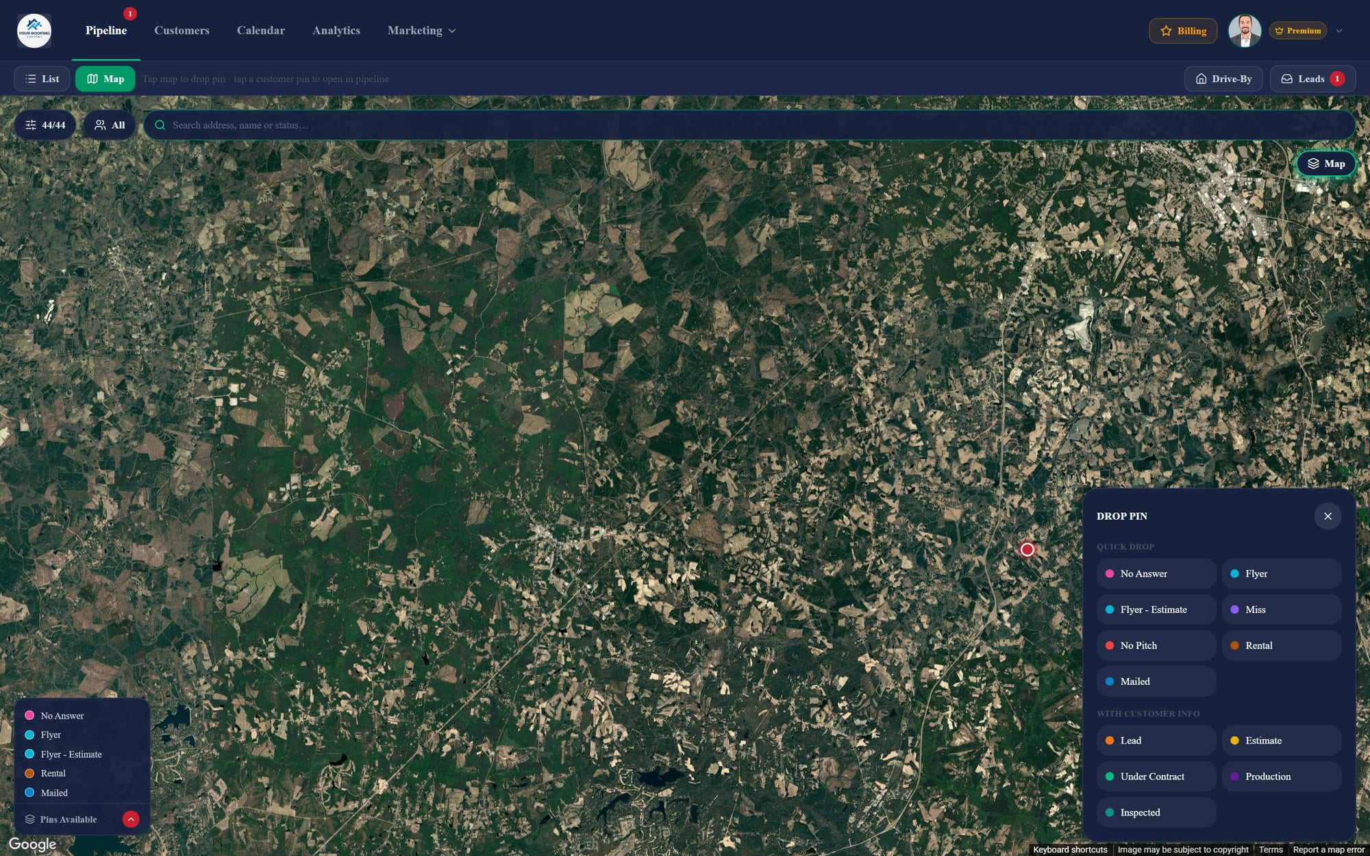Satellite canvassing map inside the pipeline with colour-coded door-knock statuses and the drop-pin panel open