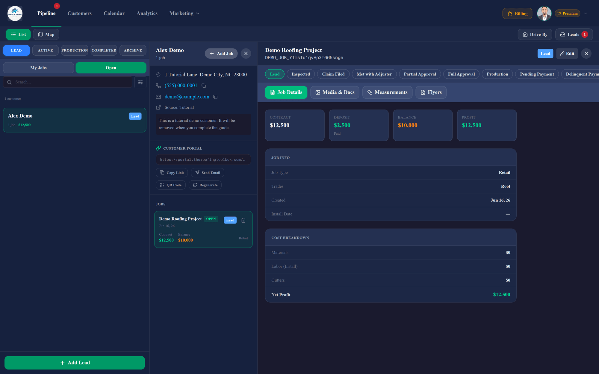 LevelCRM on a desktop showing a job with its stage tracker, contract totals, and the customer portal link