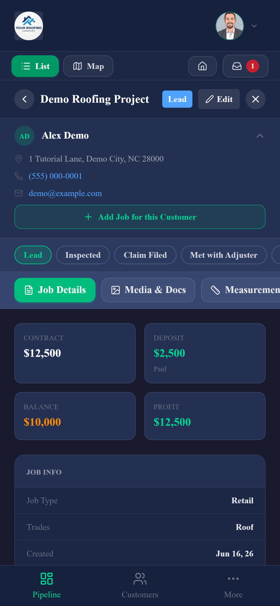 The same job open in LevelCRM on a phone