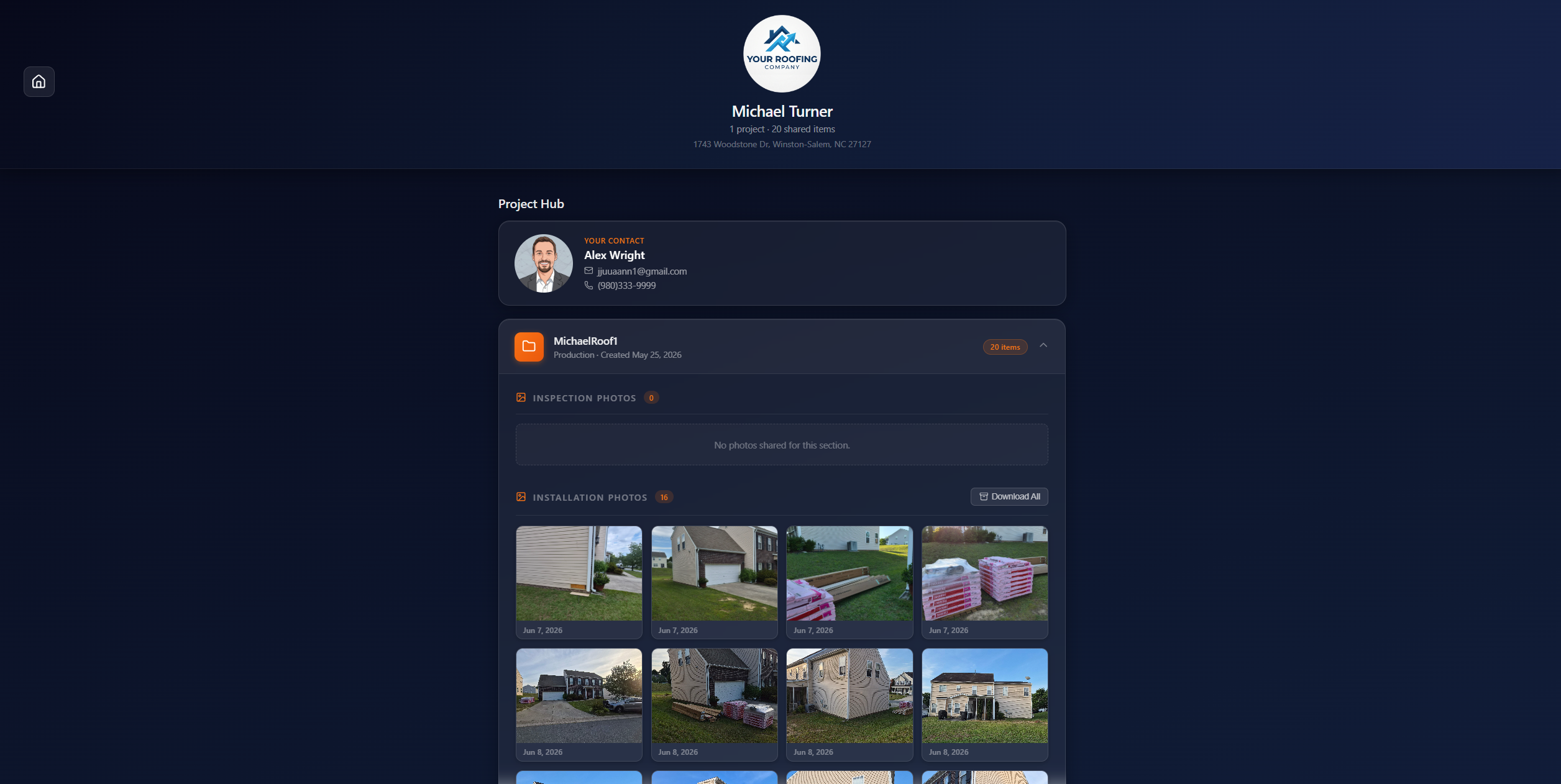 Customer Portal homeowner view showing the assigned rep's contact card and shared installation photos