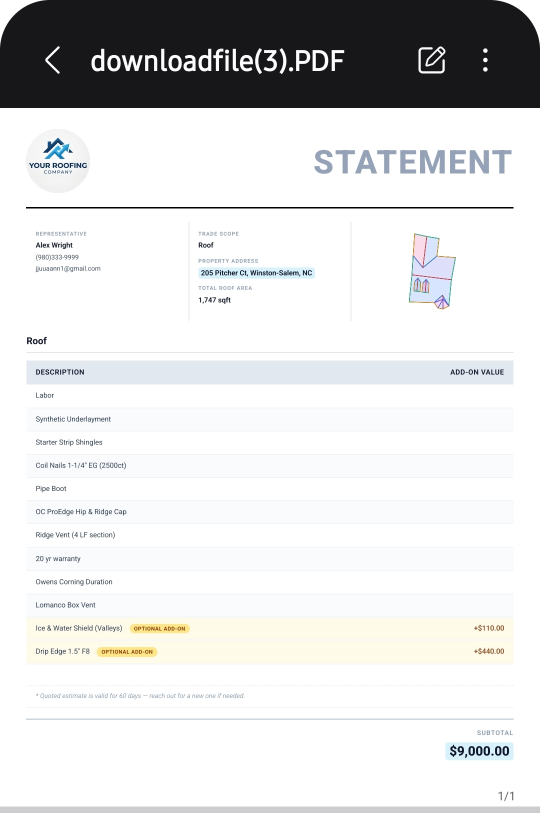 Itemized roofing estimate PDF with pricing breakdown