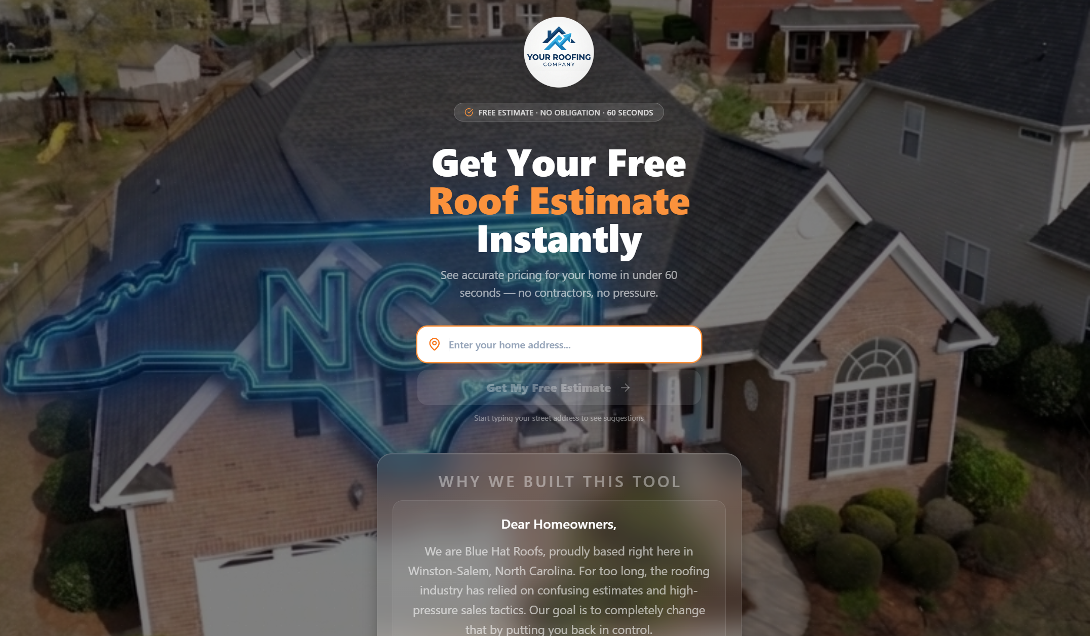 Branded funnel landing page asking a homeowner for their address to generate an instant roof estimate